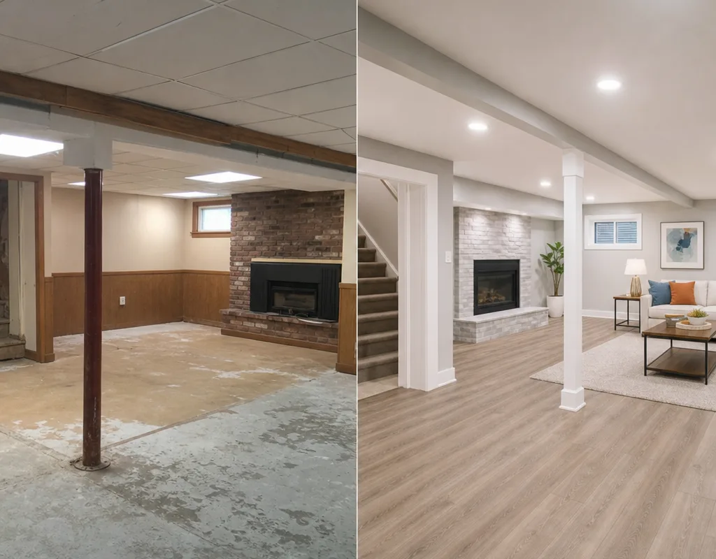 Before-and-after living area with improved lighting, updated trim, and clean flooring transitions
