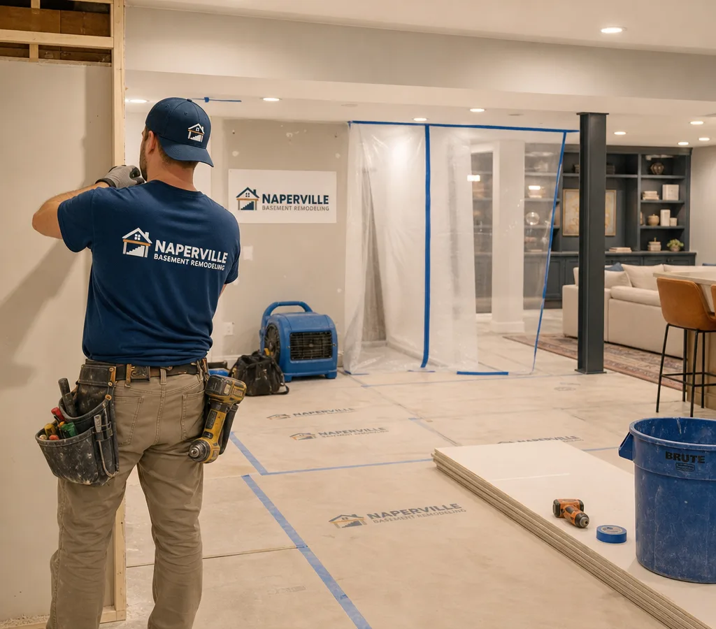 Well-lit Naperville home interior mid-remodel with protected flooring, dust containment, and a finished area beyond