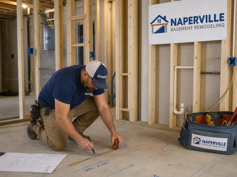 Interior remodeling project with new framing, rough electrical, and clearly marked layout lines