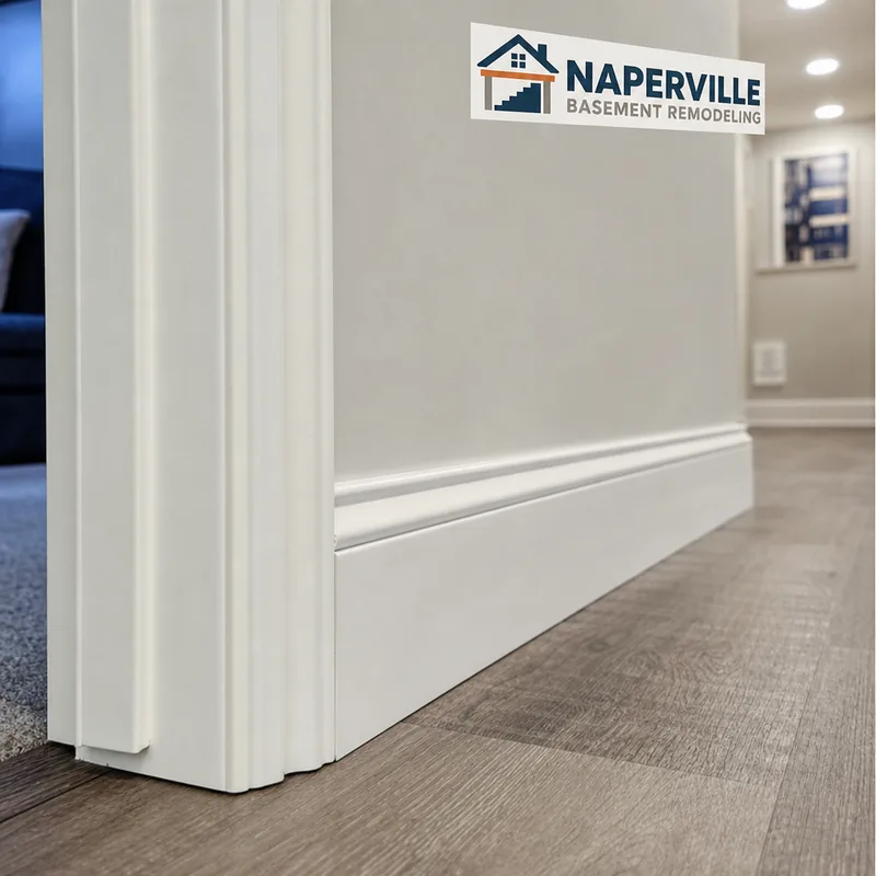 Clean baseboard and door-casing trim work in a finished basement hallway