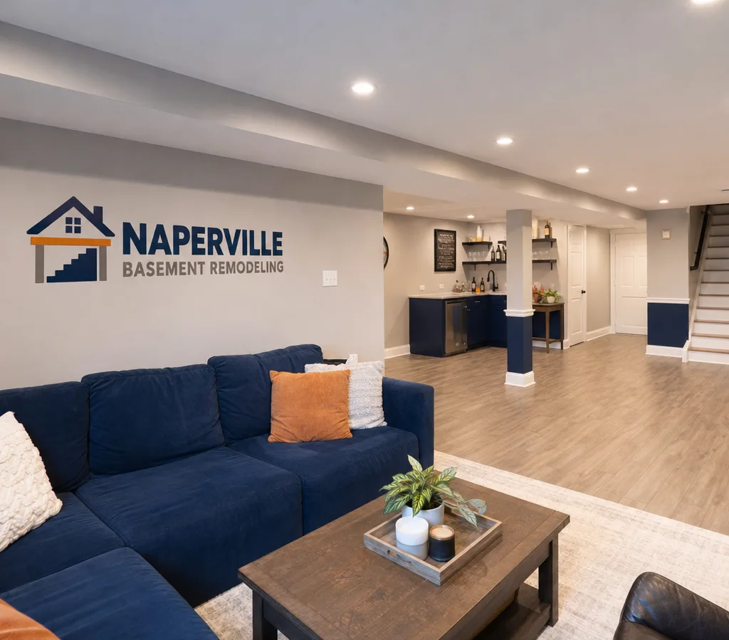 Bright finished basement in a Naperville home with recessed lighting, durable flooring, and a lounge area