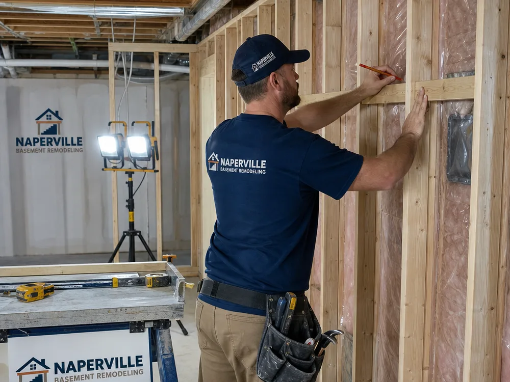 Remodeler framing a basement wall with insulation, vapor barrier materials, and neatly arranged work lights