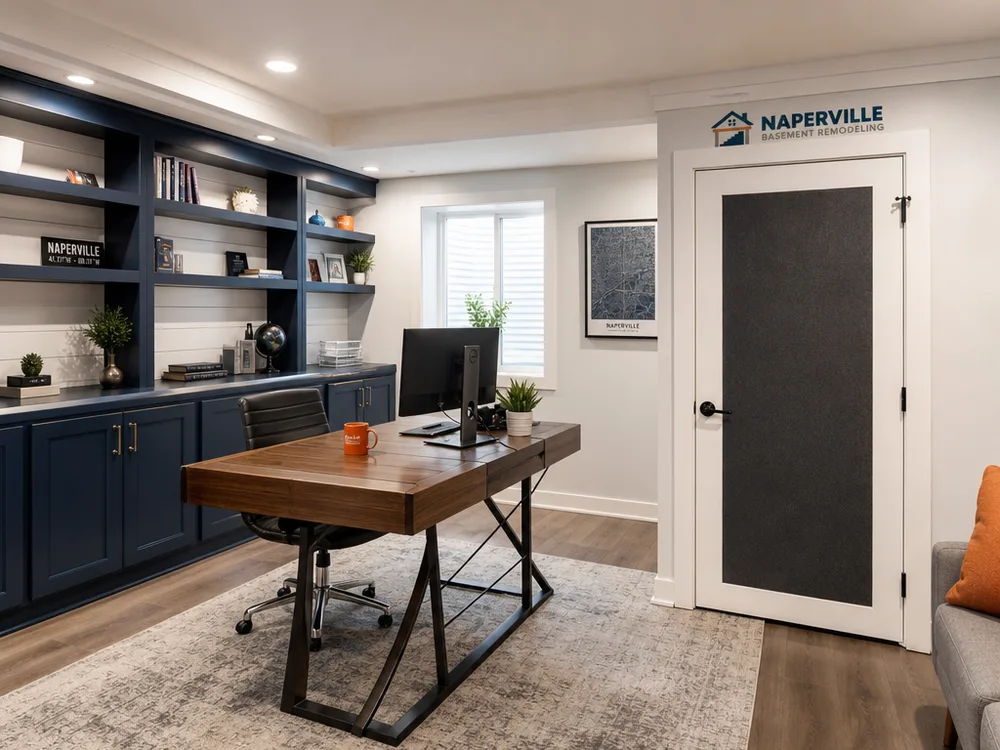Basement flex room configured as a home office with built-in shelving and a sound-dampening door