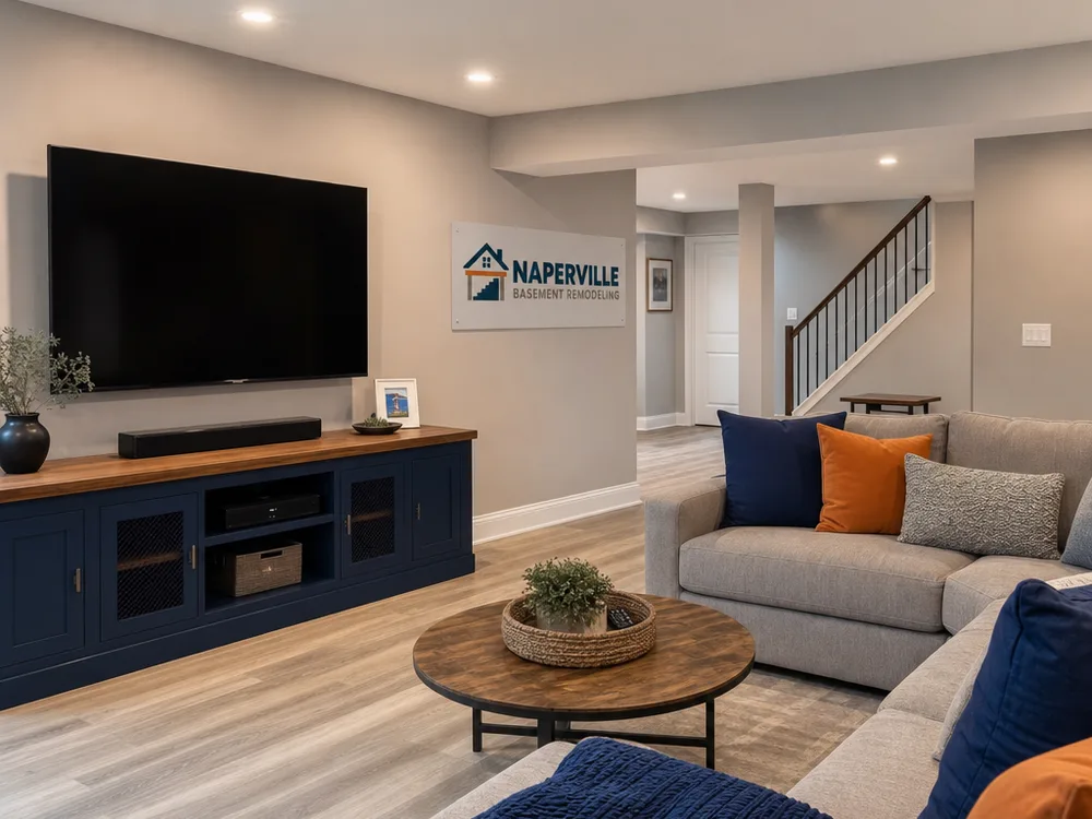 Finished basement family room with recessed lights, neutral paint, LVP flooring, a sectional, and TV wall