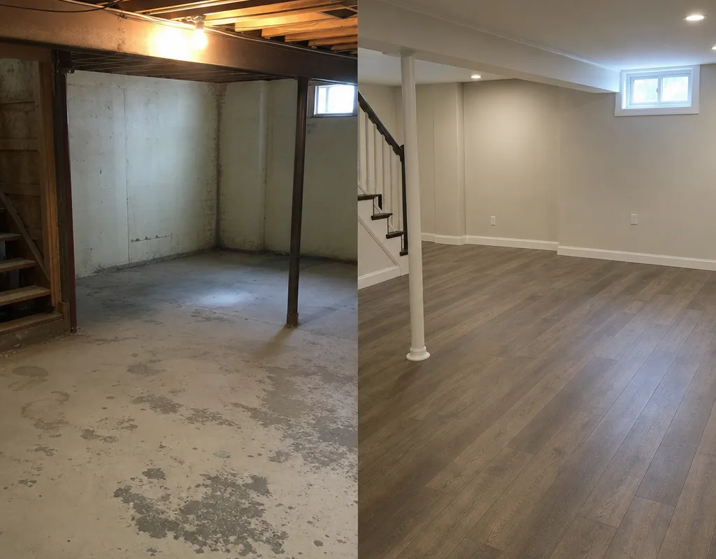 Before and after living area with updated flooring, refreshed trim, and improved lighting
