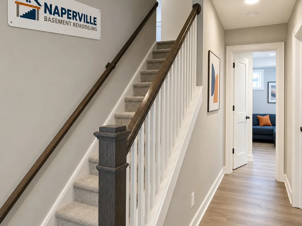 Renovated stair landing with a new handrail, uniform paint, and aligned trim