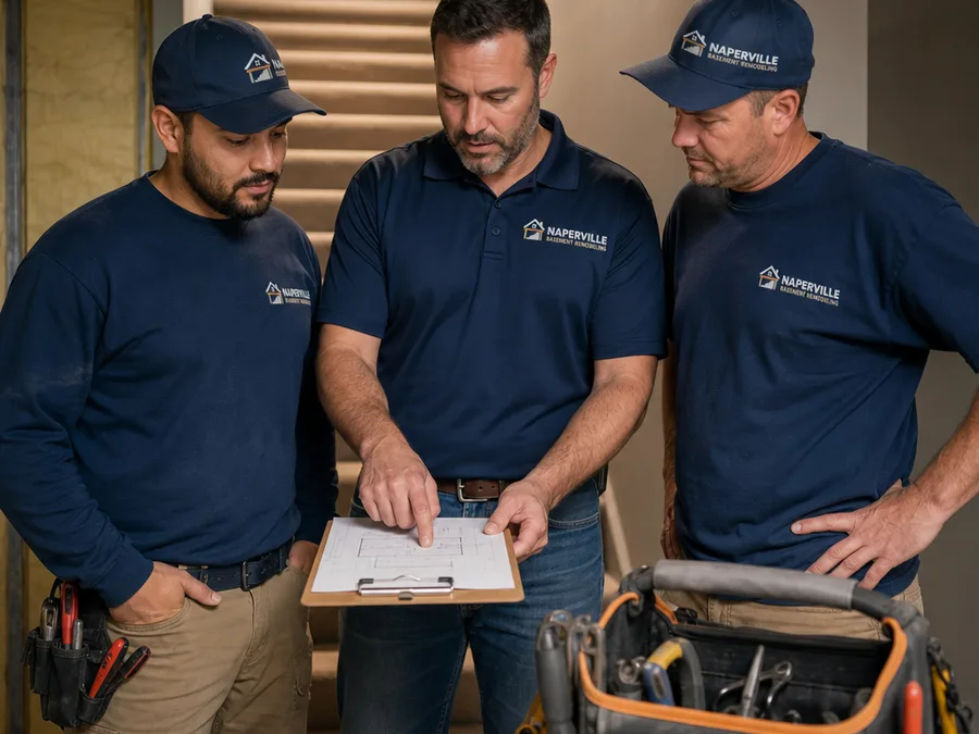 Remodeling crew reviewing basement plans at the bottom of a stairwell with tools staged neatly